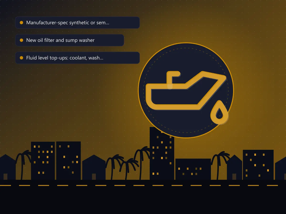 Oil Change in Town Square, Dubai — Engine oil and filter changed at your parking spot in 30 minutes.
