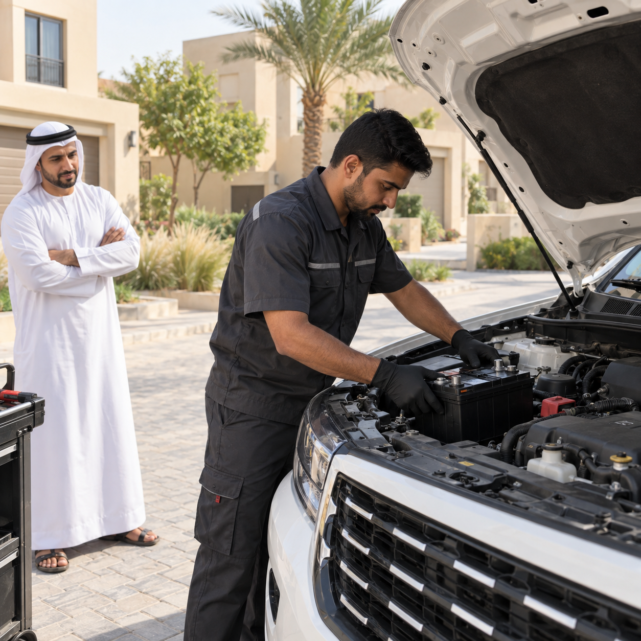 Technician fitting a new car battery at a villa driveway in Town Square, Dubai