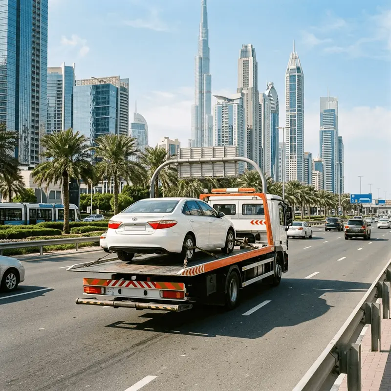 Car loaded onto a recovery flatbed on Al Qudra Road near Town Square