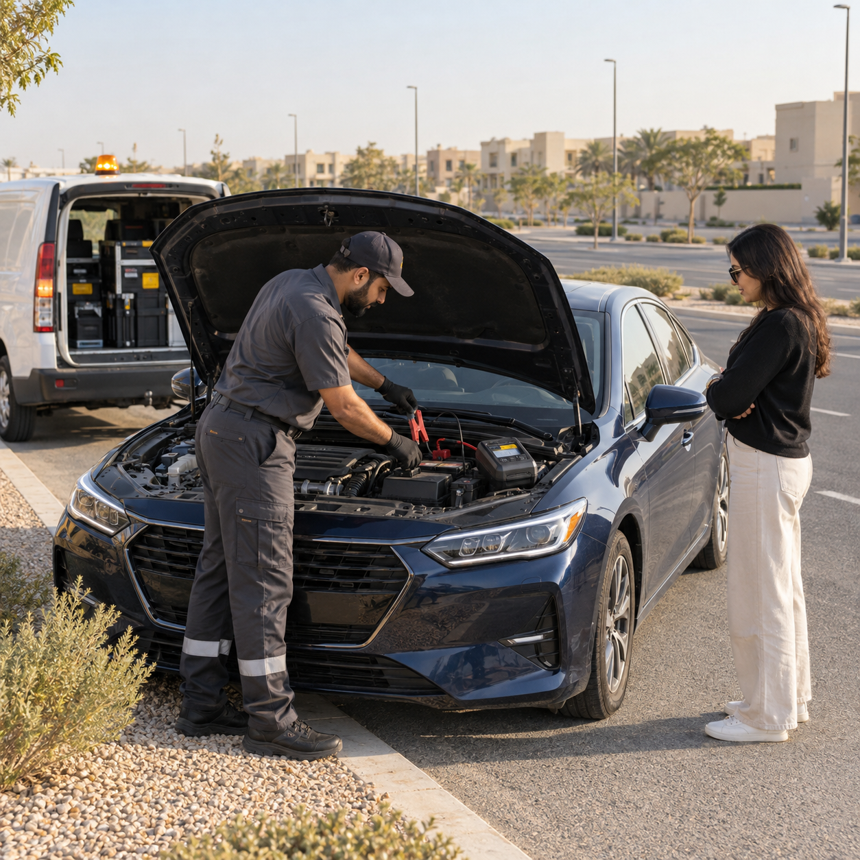 Technician jump-starting a car on a Dubai roadside