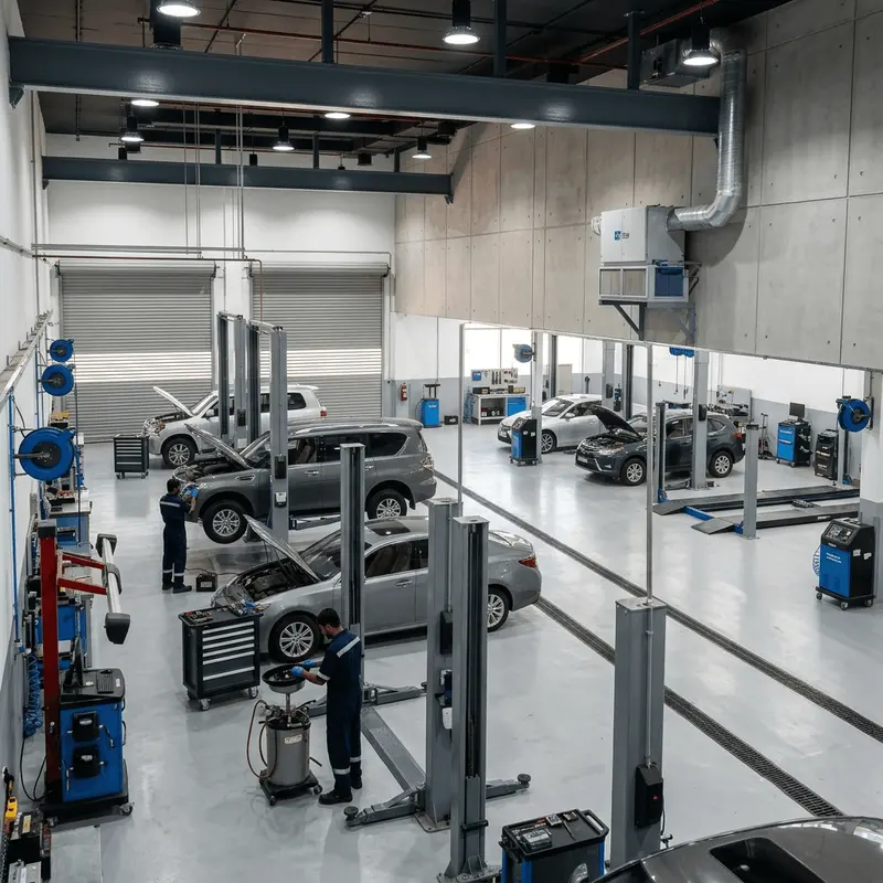 Cars being serviced inside a Dubai workshop